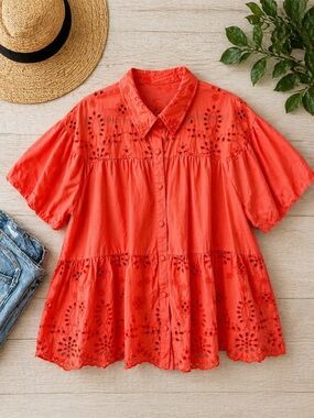 Cato Orange Eyelet Blouse XL | 100% Cotton Button Front Peplum Top Boho
